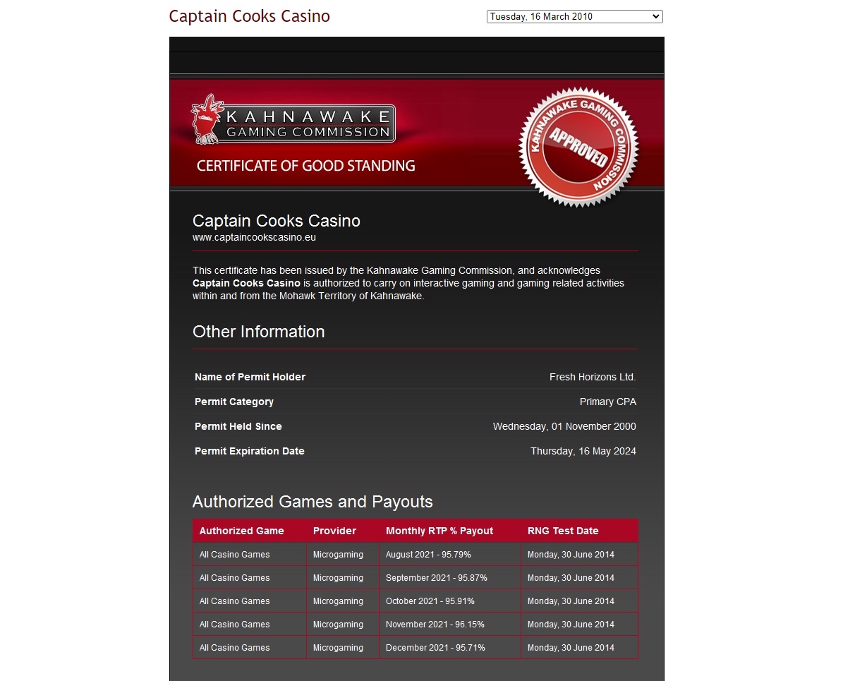 captain cook casino canada license